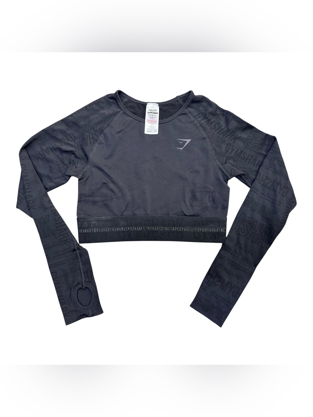 Gymshark Vision Long Sleeve Crop Top Black Logo Print Thumbholes Women’s M
